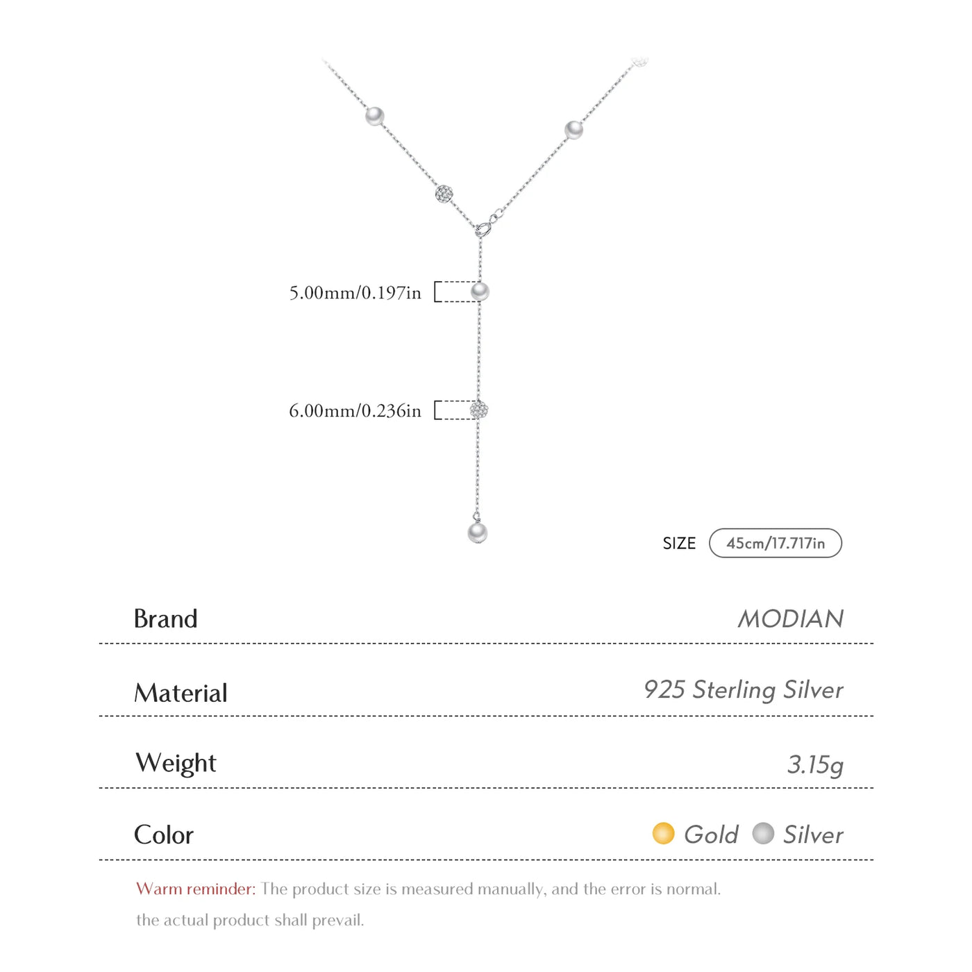 925 Sterling Silber Zirkonia Kugelkette Luxus Glänzende Y-Form Halskette