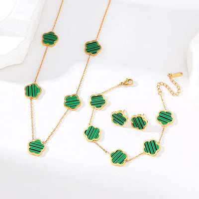 EILIECK 316L Stainless Steel Green Flower Five Clover Necklace Bracelet Earrings 18K Gold Plated Jewelry Set For Women Girl Gift