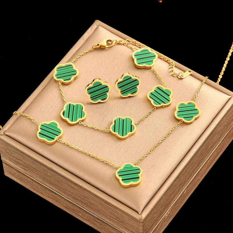 EILIECK 316L Stainless Steel Green Flower Five Clover Necklace Bracelet Earrings 18K Gold Plated Jewelry Set For Women Girl Gift
