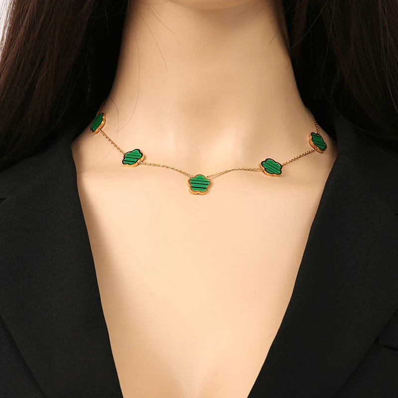 EILIECK 316L Stainless Steel Green Flower Five Clover Necklace Bracelet Earrings 18K Gold Plated Jewelry Set For Women Girl Gift