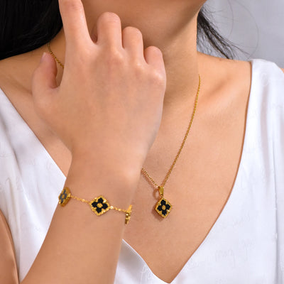 Vintage Elegant Stainless Steel 18K Gold Plated Clover Hypoallergenic Waterproof Necklace Bracelet Earrings Women'S Jewelry Set