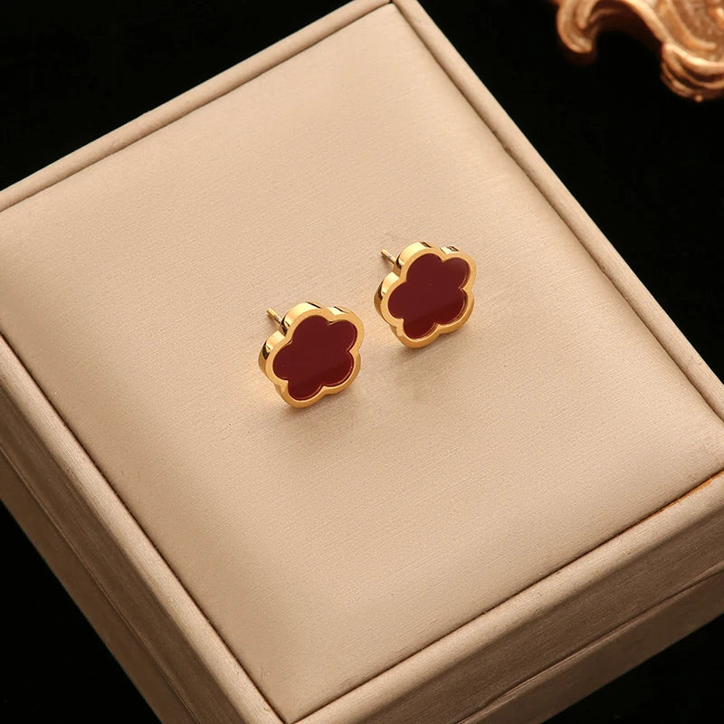 EILIECK 316L Stainless Steel Green Flower Five Clover Necklace Bracelet Earrings 18K Gold Plated Jewelry Set For Women Girl Gift