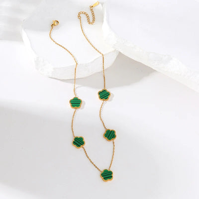 EILIECK 316L Stainless Steel Green Flower Five Clover Necklace Bracelet Earrings 18K Gold Plated Jewelry Set For Women Girl Gift