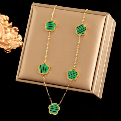 EILIECK 316L Stainless Steel Green Flower Five Clover Necklace Bracelet Earrings 18K Gold Plated Jewelry Set For Women Girl Gift