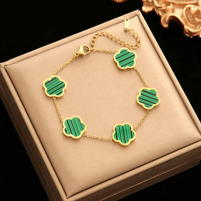 EILIECK 316L Stainless Steel Green Flower Five Clover Necklace Bracelet Earrings 18K Gold Plated Jewelry Set For Women Girl Gift