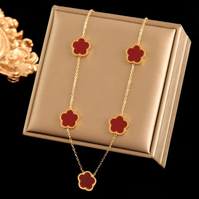 EILIECK 316L Stainless Steel Green Flower Five Clover Necklace Bracelet Earrings 18K Gold Plated Jewelry Set For Women Girl Gift