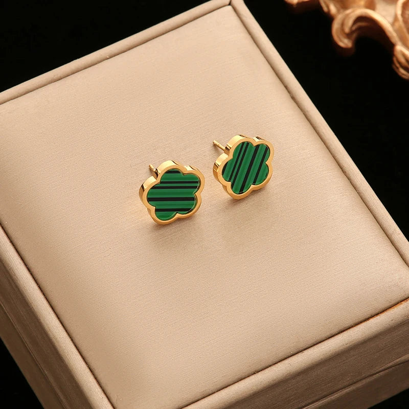 EILIECK 316L Stainless Steel Green Flower Five Clover Necklace Bracelet Earrings 18K Gold Plated Jewelry Set For Women Girl Gift