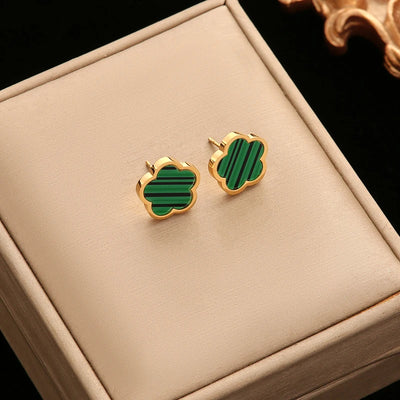 EILIECK 316L Stainless Steel Green Flower Five Clover Necklace Bracelet Earrings 18K Gold Plated Jewelry Set For Women Girl Gift