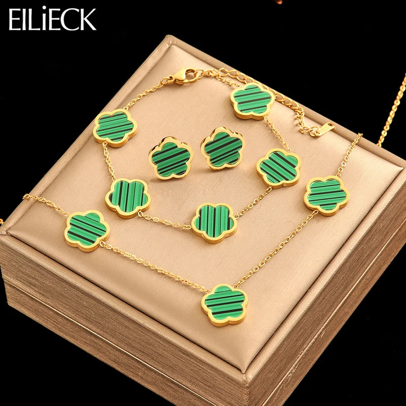 EILIECK 316L Stainless Steel Green Flower Five Clover Necklace Bracelet Earrings 18K Gold Plated Jewelry Set For Women Girl Gift