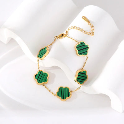 EILIECK 316L Stainless Steel Green Flower Five Clover Necklace Bracelet Earrings 18K Gold Plated Jewelry Set For Women Girl Gift